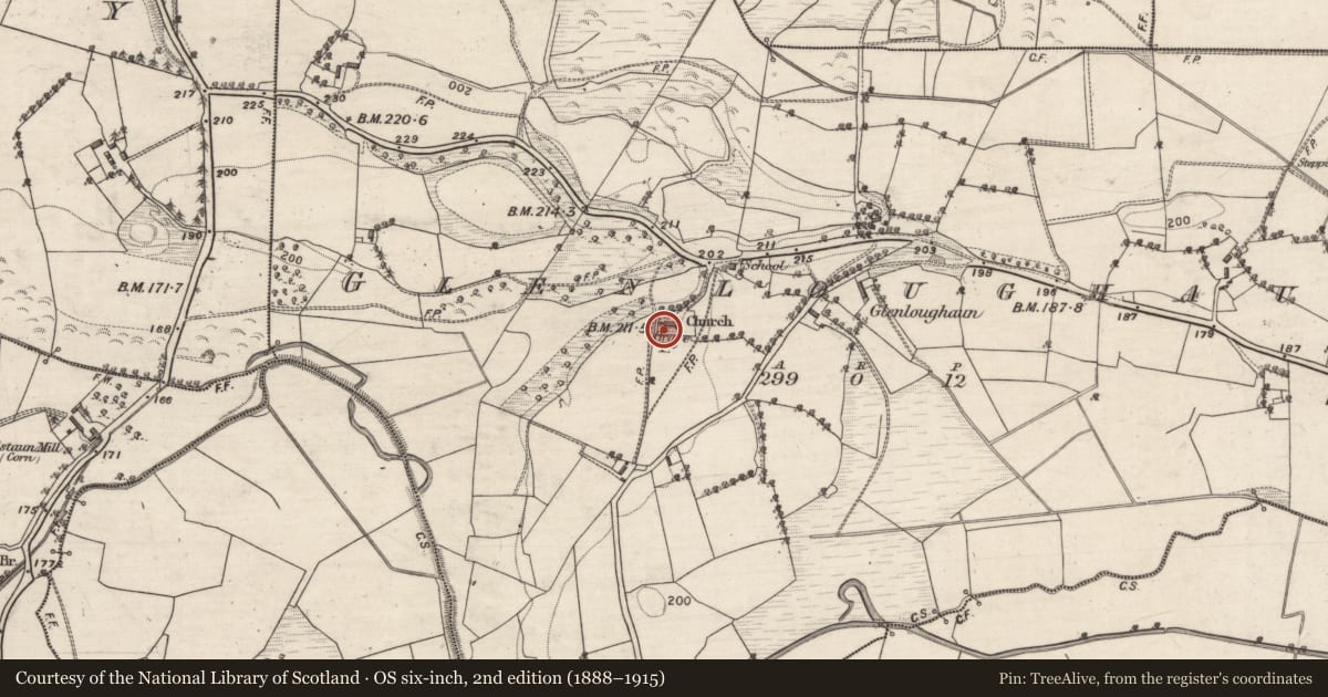 Ordnance Survey six-inch map, 2nd edition (1888–1915) covering the location of Church, Glenloughaun, County Galway, with a pin at the register's coordinates