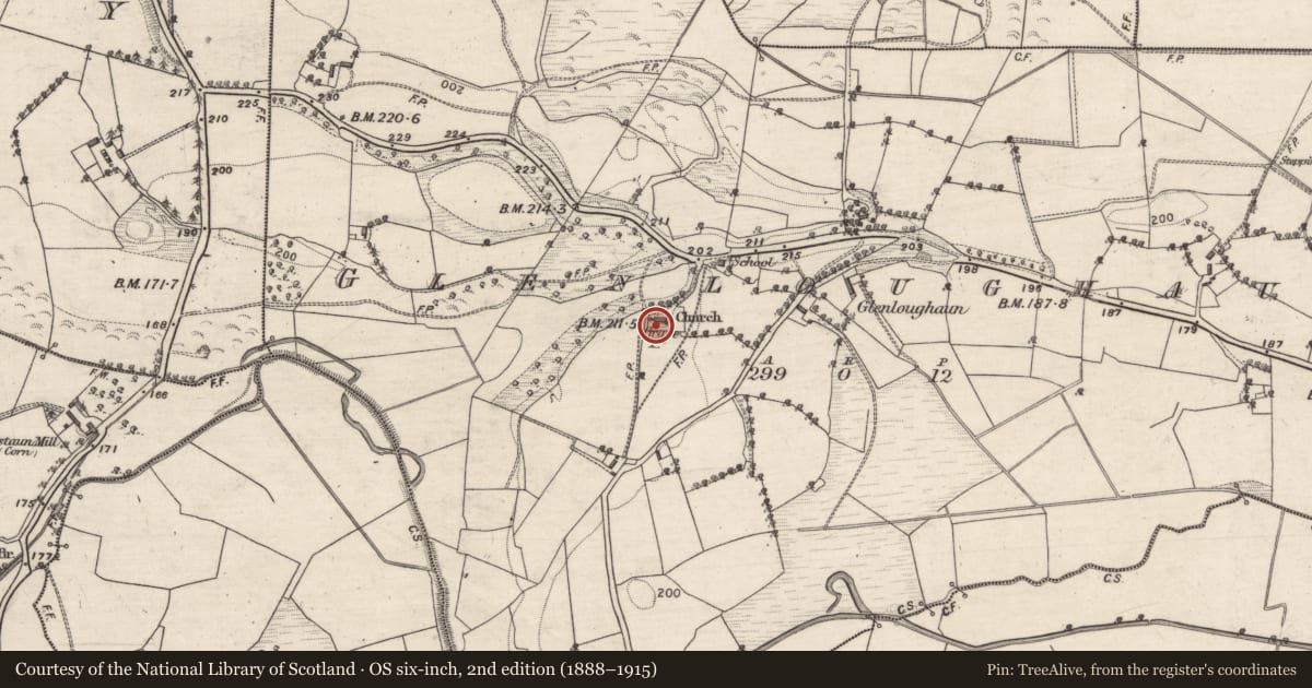 Ordnance Survey six-inch map, 2nd edition (1888–1915) covering the location of Graveyard, Glenloughaun, County Galway, with a pin at the register's coordinates