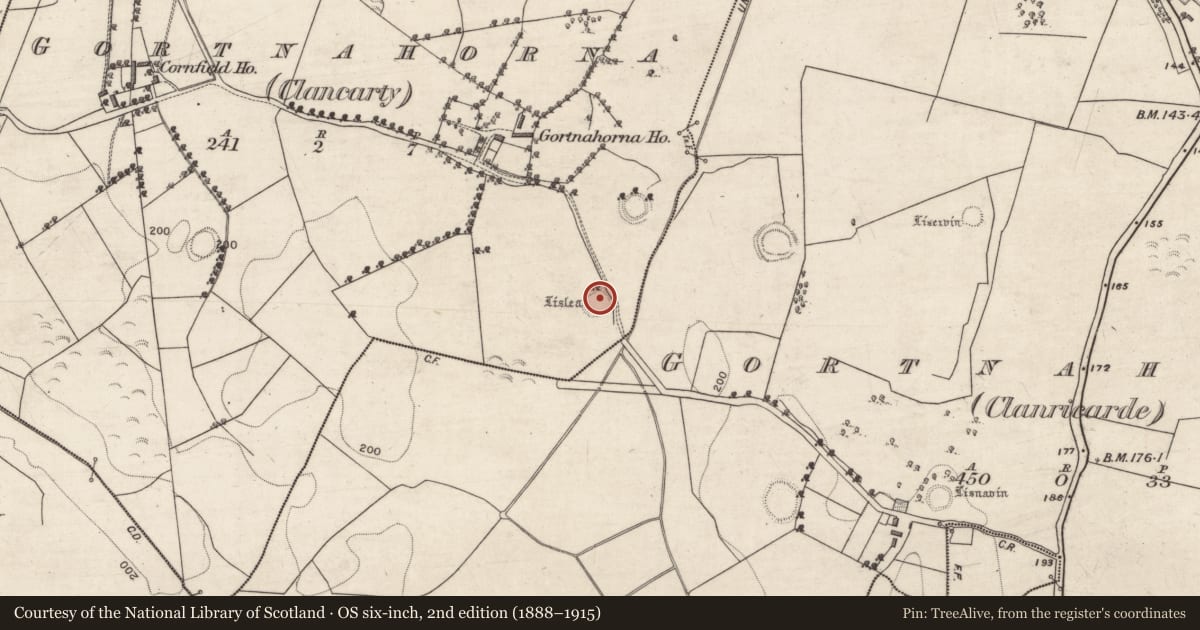 Ordnance Survey six-inch map, 2nd edition (1888–1915) covering the location of Ringfort - unclassified, Gortnahorna (Clancarty), County Galway, with a pin at the register's coordinates