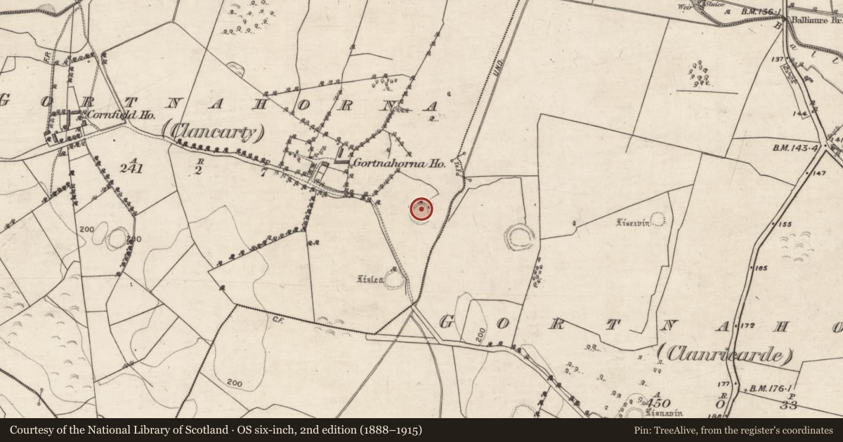 Ordnance Survey six-inch map, 2nd edition (1888–1915) covering the location of Ringfort - unclassified, Gortnahorna (Clancarty), County Galway, with a pin at the register's coordinates