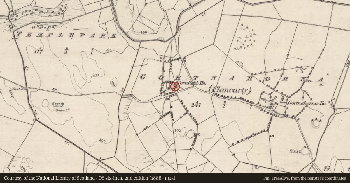 Ordnance Survey six-inch map, 2nd edition (1888–1915) covering the location of House - 18th/19th century, Gortnahorna (Clancarty), County Galway, with a pin at the register's coordinates