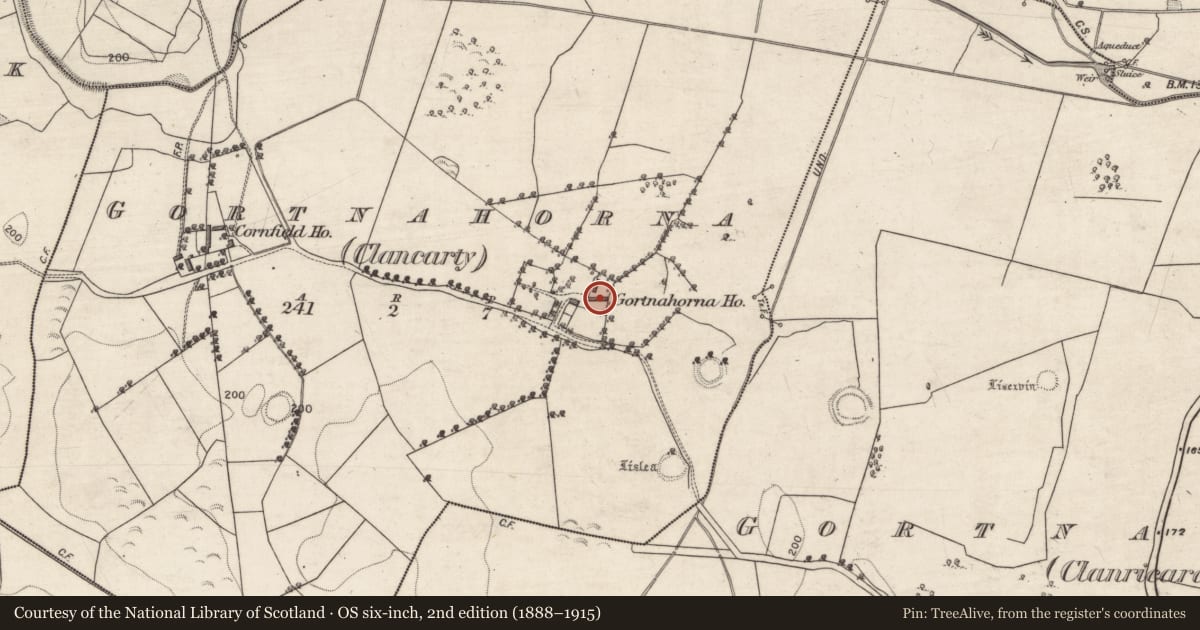 Ordnance Survey six-inch map, 2nd edition (1888–1915) covering the location of House - 18th/19th century, Gortnahorna (Clancarty), County Galway, with a pin at the register's coordinates