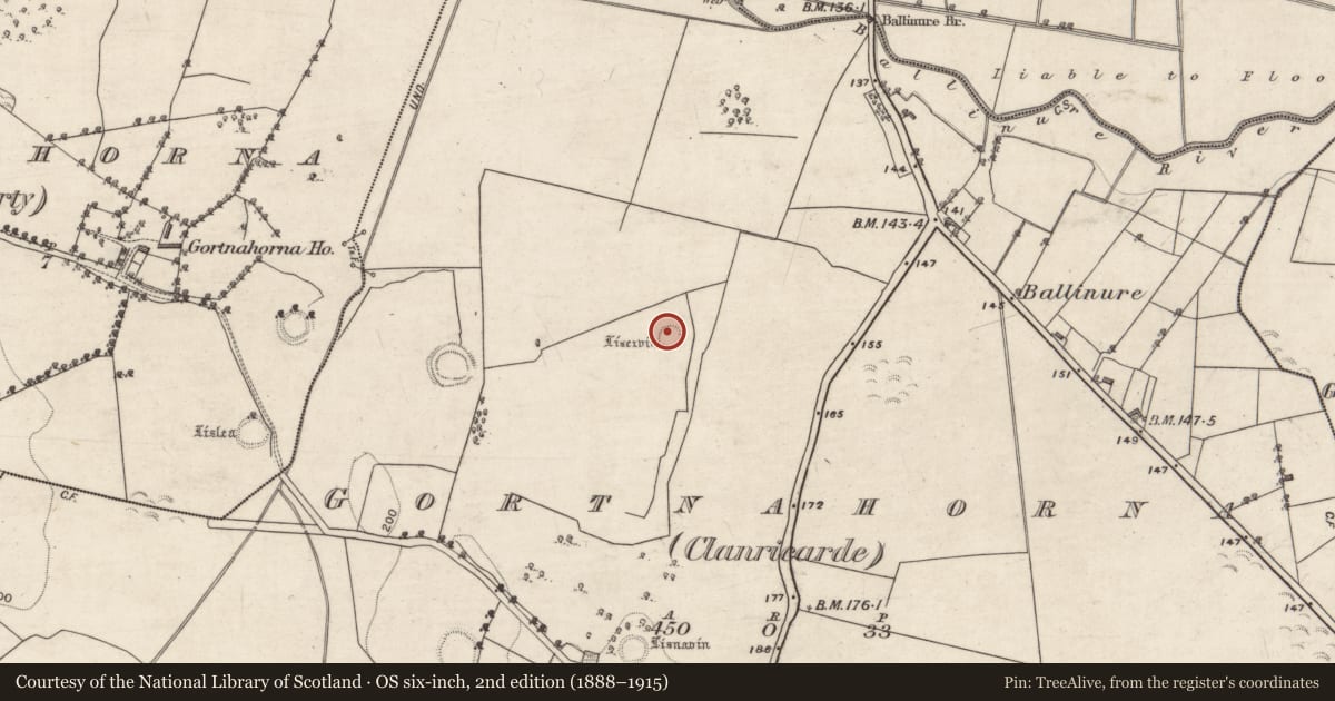 Ordnance Survey six-inch map, 2nd edition (1888–1915) covering the location of Ringfort - unclassified, Gortnahorna (Clanricarde), County Galway, with a pin at the register's coordinates