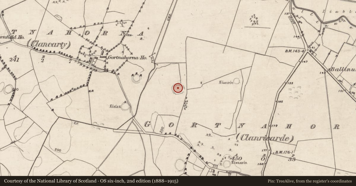 Ordnance Survey six-inch map, 2nd edition (1888–1915) covering the location of Enclosure, Gortnahorna (Clanricarde), County Galway, with a pin at the register's coordinates
