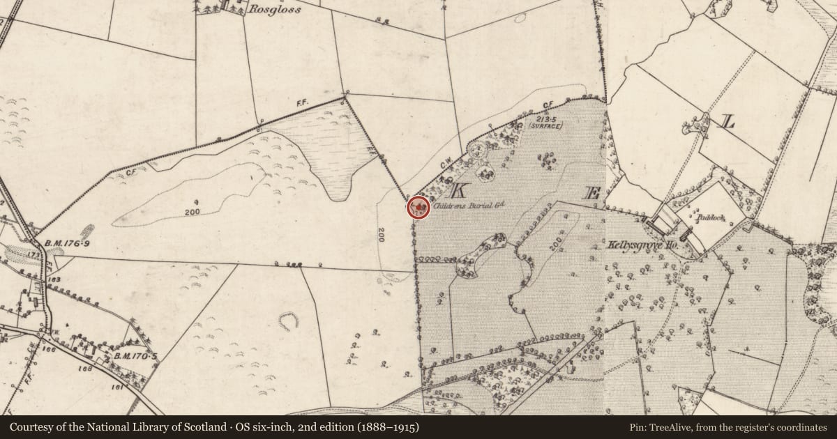 Ordnance Survey six-inch map, 2nd edition (1888–1915) covering the location of Children's burial ground, Kellysgrove, County Galway, with a pin at the register's coordinates
