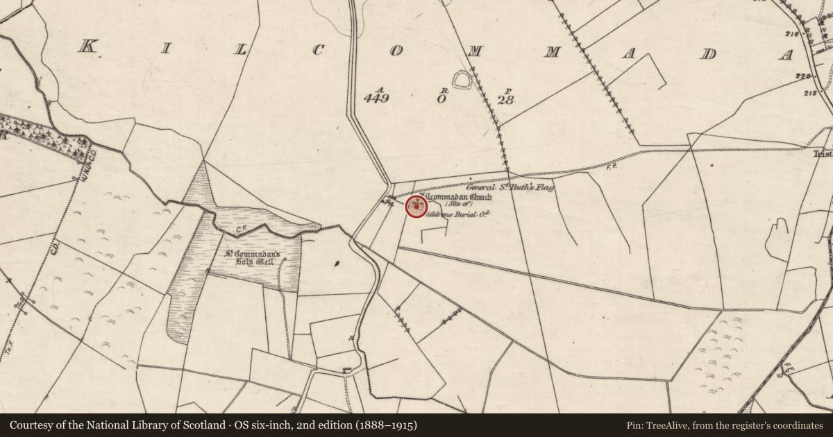 Ordnance Survey six-inch map, 2nd edition (1888–1915) covering the location of Ecclesiastical enclosure, Kilcommadan, County Galway, with a pin at the register's coordinates