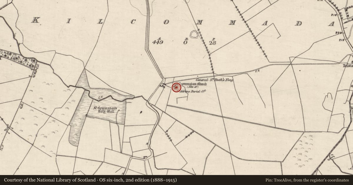 Ordnance Survey six-inch map, 2nd edition (1888–1915) covering the location of Church, Kilcommadan, County Galway, with a pin at the register's coordinates