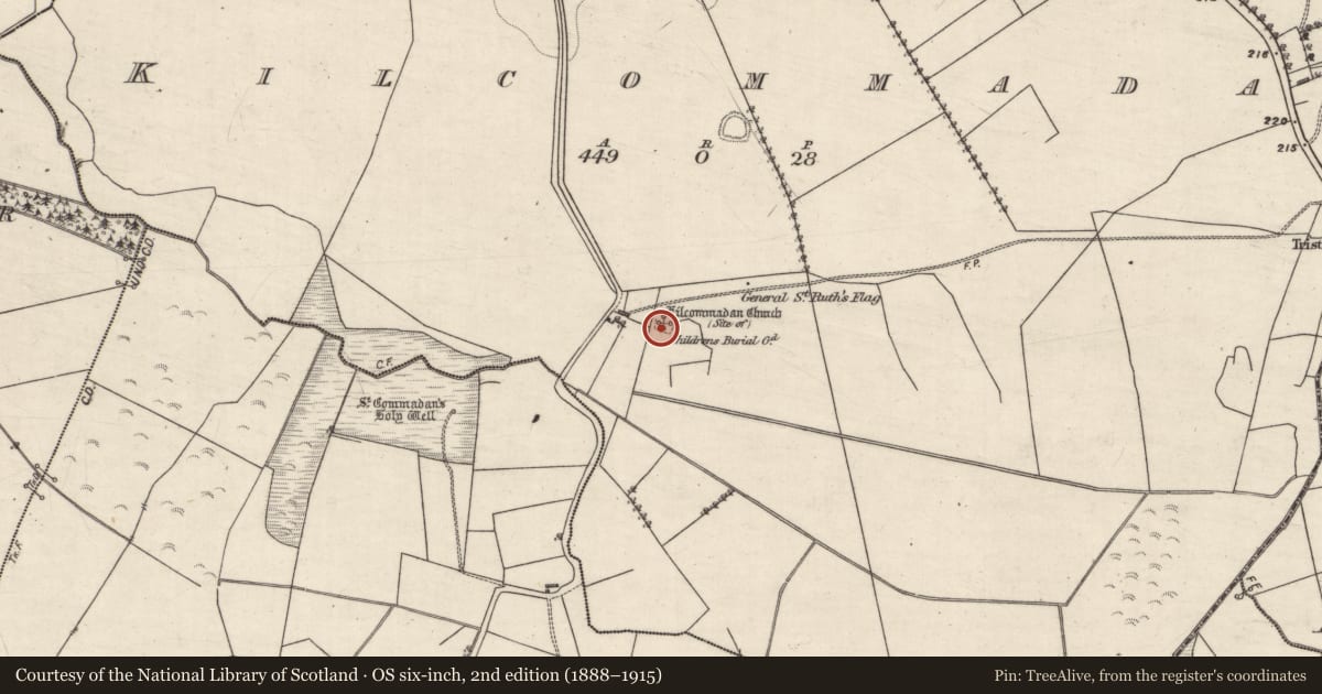 Ordnance Survey six-inch map, 2nd edition (1888–1915) covering the location of Children's burial ground, Kilcommadan, County Galway, with a pin at the register's coordinates