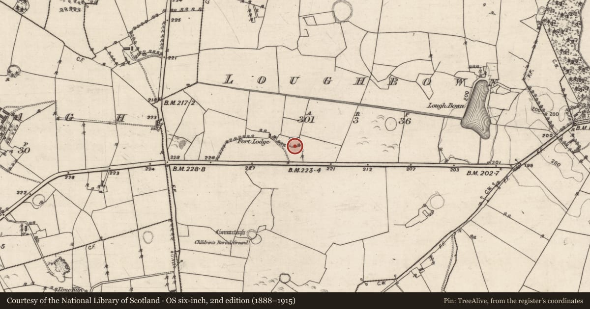Ordnance Survey six-inch map, 2nd edition (1888–1915) covering the location of Enclosure, Loughbown, County Galway, with a pin at the register's coordinates