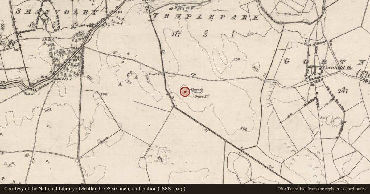 Ordnance Survey six-inch map, 2nd edition (1888–1915) covering the location of Church, Templepark, County Galway, with a pin at the register's coordinates
