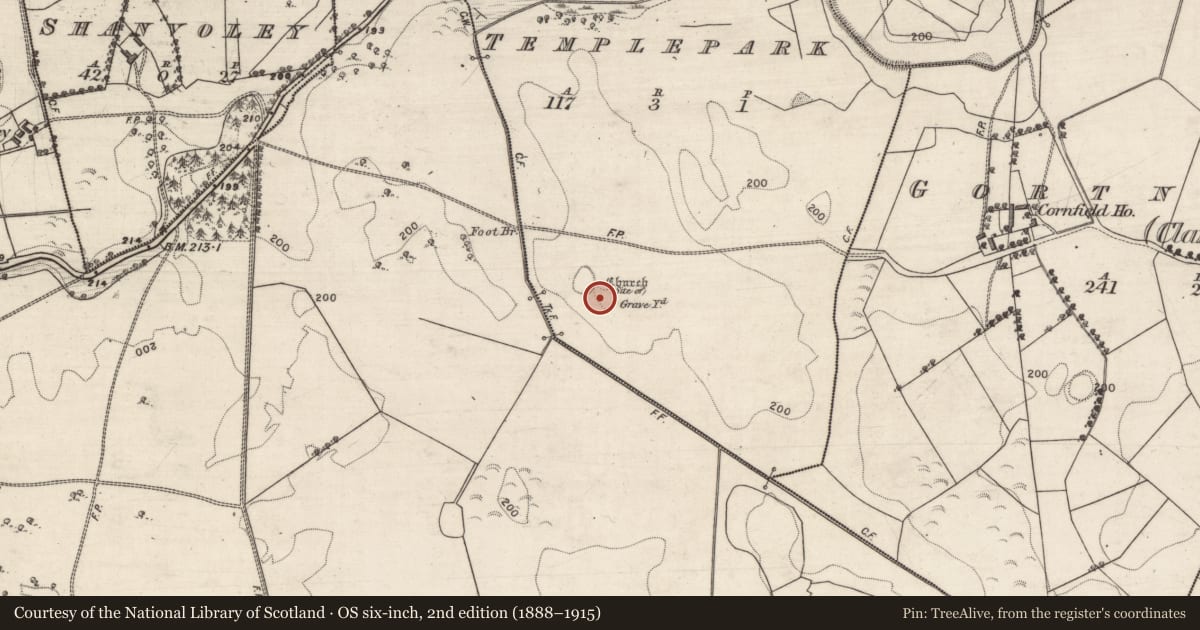 Ordnance Survey six-inch map, 2nd edition (1888–1915) covering the location of Children's burial ground, Templepark, County Galway, with a pin at the register's coordinates