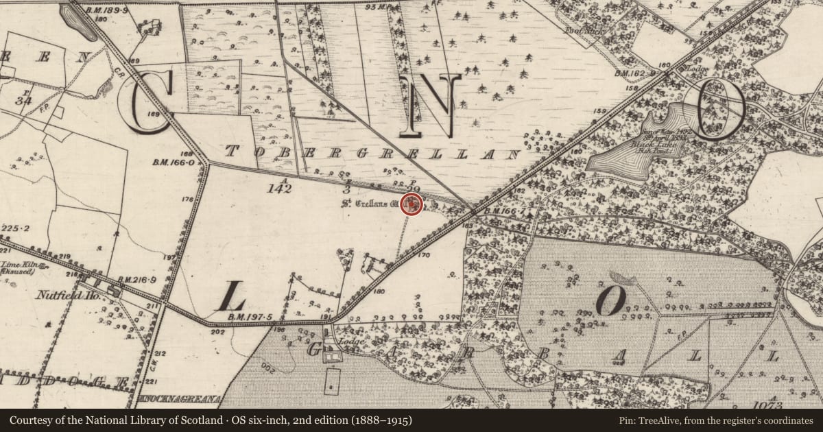 Ordnance Survey six-inch map, 2nd edition (1888–1915) covering the location of Ritual site - holy well, Tobergrellan, County Galway, with a pin at the register's coordinates