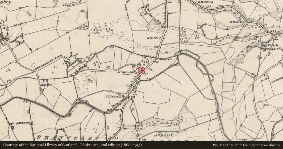 Ordnance Survey six-inch map, 2nd edition (1888–1915) covering the location of Mill - corn, Tristaun, County Galway, with a pin at the register's coordinates