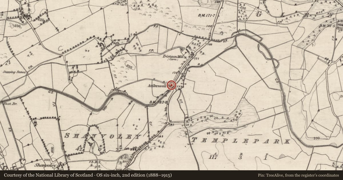 Ordnance Survey six-inch map, 2nd edition (1888–1915) covering the location of Kiln, Tristaun, County Galway, with a pin at the register's coordinates