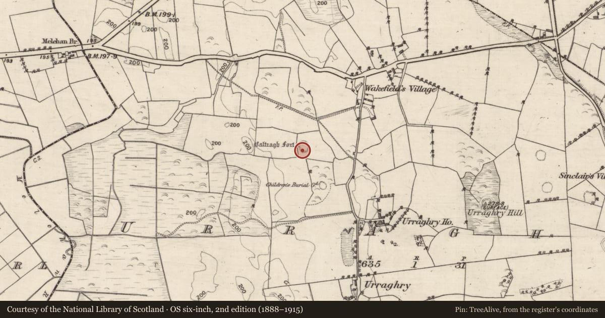 Ordnance Survey six-inch map, 2nd edition (1888–1915) covering the location of Enclosure, Urraghry, County Galway, with a pin at the register's coordinates