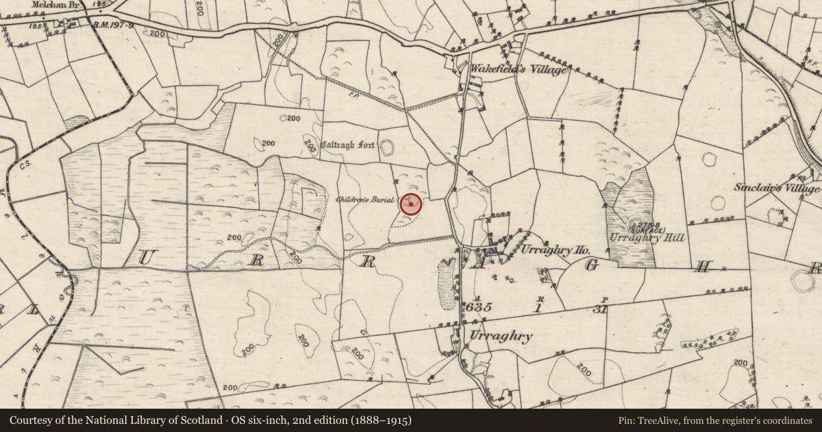 Ordnance Survey six-inch map, 2nd edition (1888–1915) covering the location of Children's burial ground, Urraghry, County Galway, with a pin at the register's coordinates