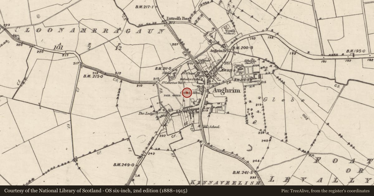 Ordnance Survey six-inch map, 2nd edition (1888–1915) covering the location of Memorial stone (present location), Foats Or Levallynearl, County Galway, with a pin at the register's coordinates