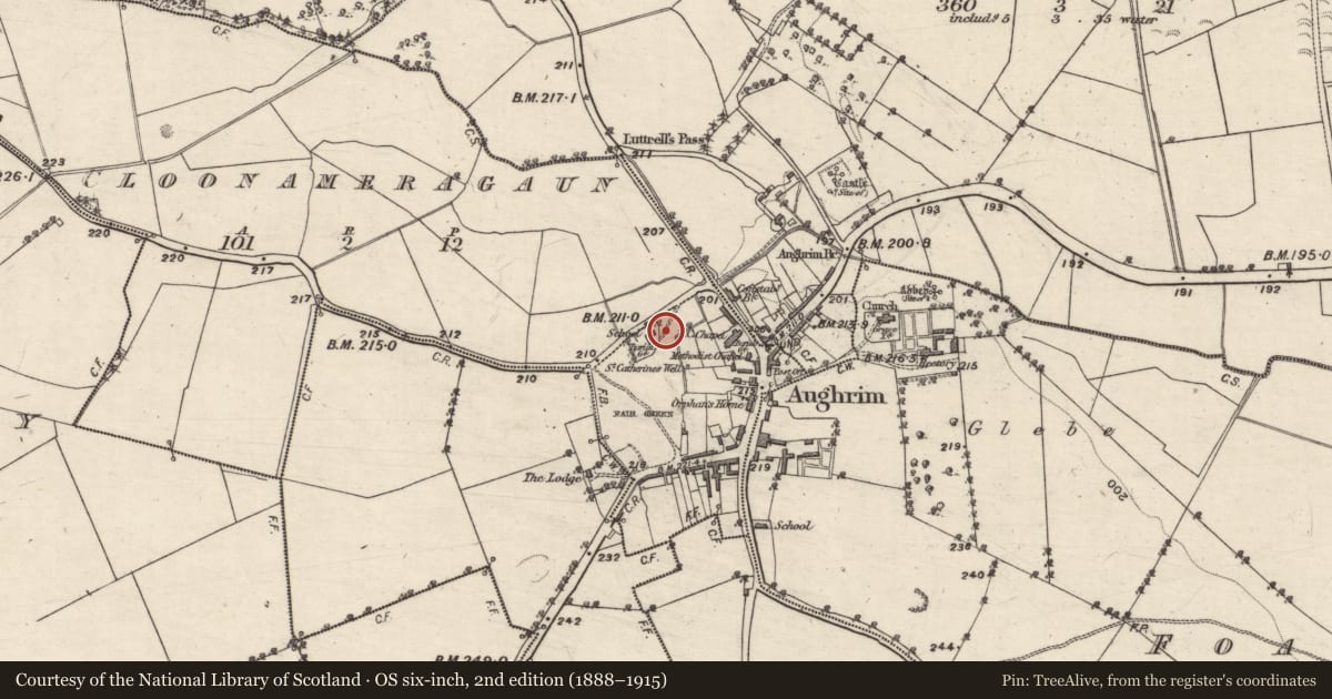 Ordnance Survey six-inch map, 2nd edition (1888–1915) covering the location of Bullaun stone (present location), Cloonameragaun, County Galway, with a pin at the register's coordinates