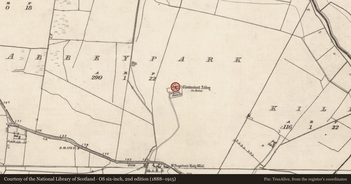 Ordnance Survey six-inch map, 2nd edition (1888–1915) covering the location of Religious house - Augustinian canons, Abbeypark, County Galway, with a pin at the register's coordinates