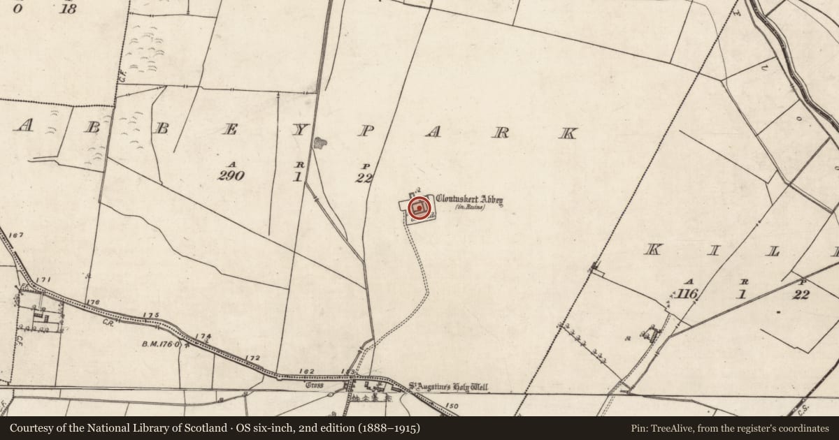 Ordnance Survey six-inch map, 2nd edition (1888–1915) covering the location of Graveyard, Abbeypark, County Galway, with a pin at the register's coordinates