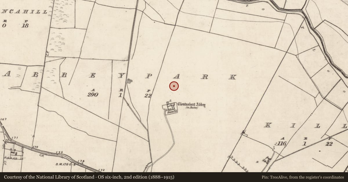 Ordnance Survey six-inch map, 2nd edition (1888–1915) covering the location of Field system, Abbeypark, County Galway, with a pin at the register's coordinates