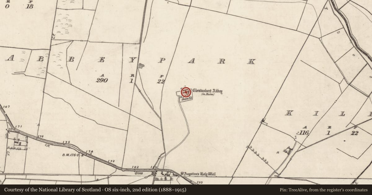 Ordnance Survey six-inch map, 2nd edition (1888–1915) covering the location of Graveslab, Abbeypark, County Galway, with a pin at the register's coordinates