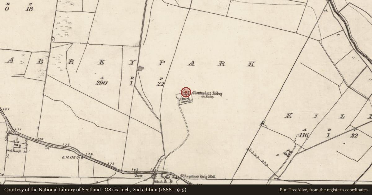 Ordnance Survey six-inch map, 2nd edition (1888–1915) covering the location of Graveslab, Abbeypark, County Galway, with a pin at the register's coordinates