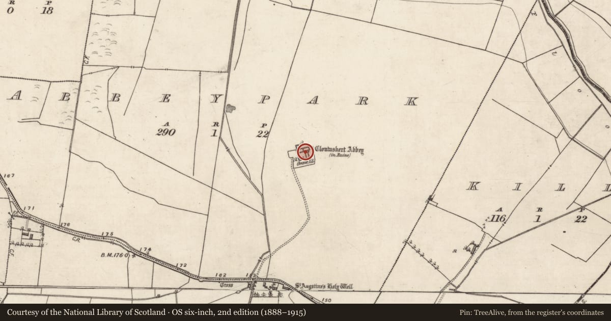 Ordnance Survey six-inch map, 2nd edition (1888–1915) covering the location of Wall monument, Abbeypark, County Galway, with a pin at the register's coordinates