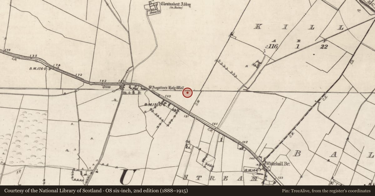 Ordnance Survey six-inch map, 2nd edition (1888–1915) covering the location of Ritual site - holy well, Abbeypark, County Galway, with a pin at the register's coordinates