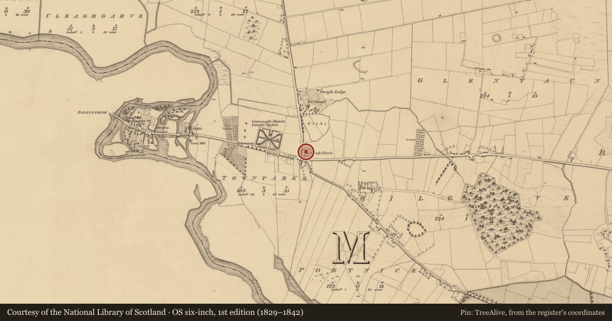Ordnance Survey six-inch map, 1st edition (1829–1842) covering the location of Church, Creagh, County Galway, with a pin at the register's coordinates