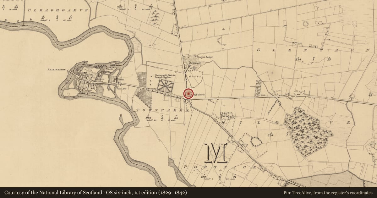 Ordnance Survey six-inch map, 1st edition (1829–1842) covering the location of Graveyard, Creagh, County Galway, with a pin at the register's coordinates