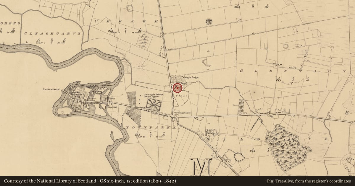 Ordnance Survey six-inch map, 1st edition (1829–1842) covering the location of Church, Creagh, County Galway, with a pin at the register's coordinates