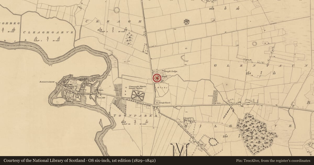 Ordnance Survey six-inch map, 1st edition (1829–1842) covering the location of Church, Creagh, County Galway, with a pin at the register's coordinates