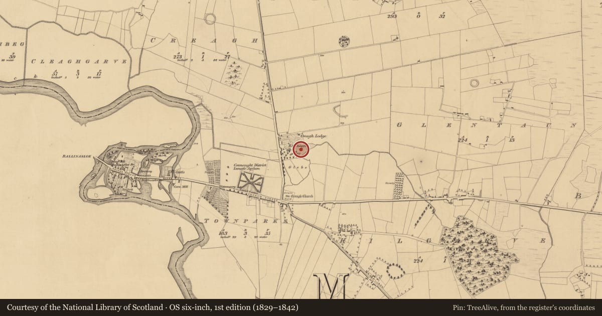 Ordnance Survey six-inch map, 1st edition (1829–1842) covering the location of Burial ground, Creagh, County Galway, with a pin at the register's coordinates