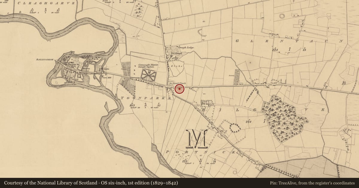 Ordnance Survey six-inch map, 1st edition (1829–1842) covering the location of Church, Kilgarve, County Galway, with a pin at the register's coordinates