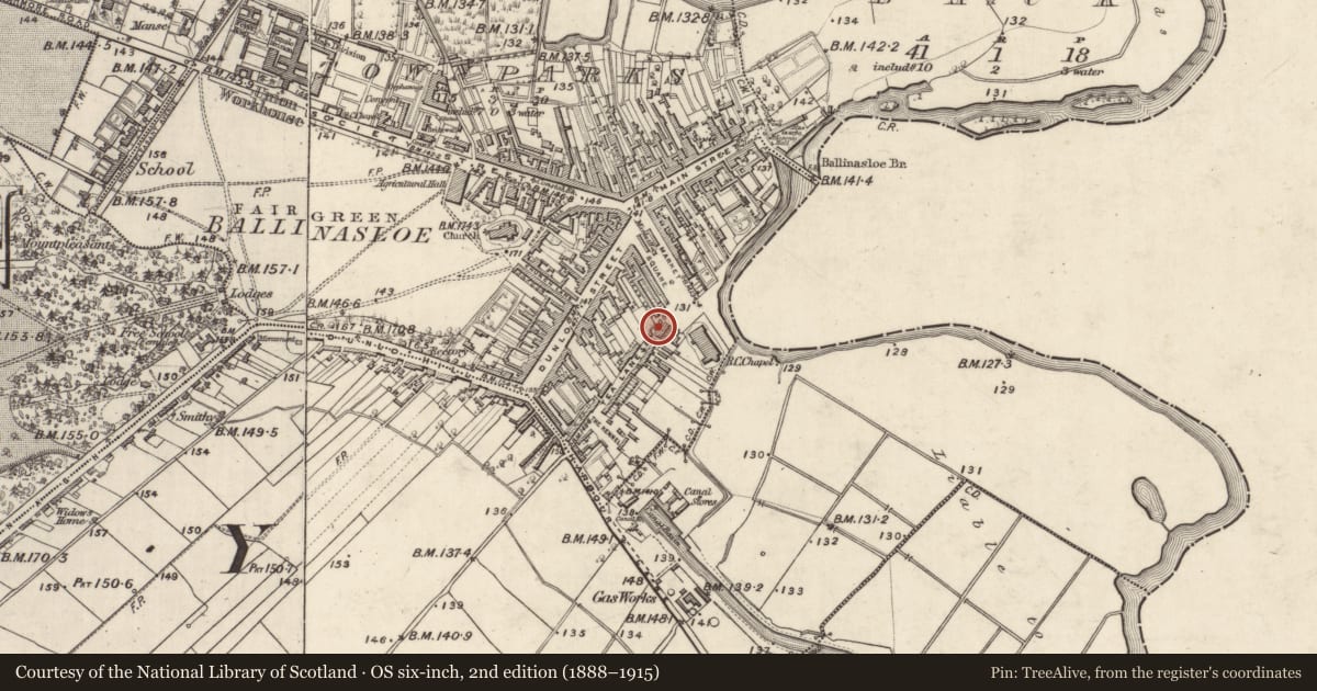 Ordnance Survey six-inch map, 2nd edition (1888–1915) covering the location of Church, Townparks (Clonmacnowen By. - Ballinasloe), County Galway, with a pin at the register's coordinates