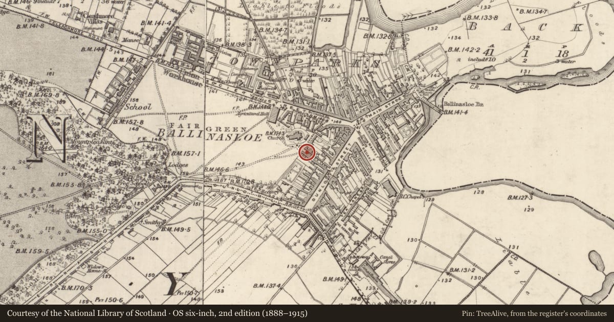 Ordnance Survey six-inch map, 2nd edition (1888–1915) covering the location of Church, Townparks (Clonmacnowen By. - Ballinasloe), County Galway, with a pin at the register's coordinates