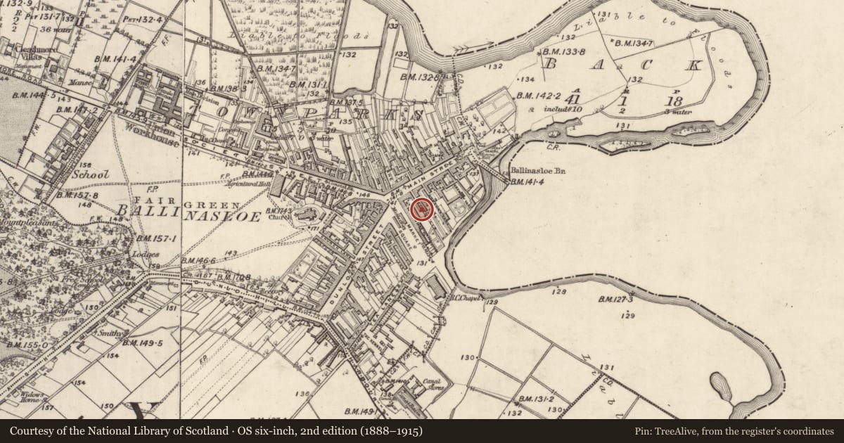 Ordnance Survey six-inch map, 2nd edition (1888–1915) covering the location of Forge, Townparks (Clonmacnowen By. - Ballinasloe), County Galway, with a pin at the register's coordinates