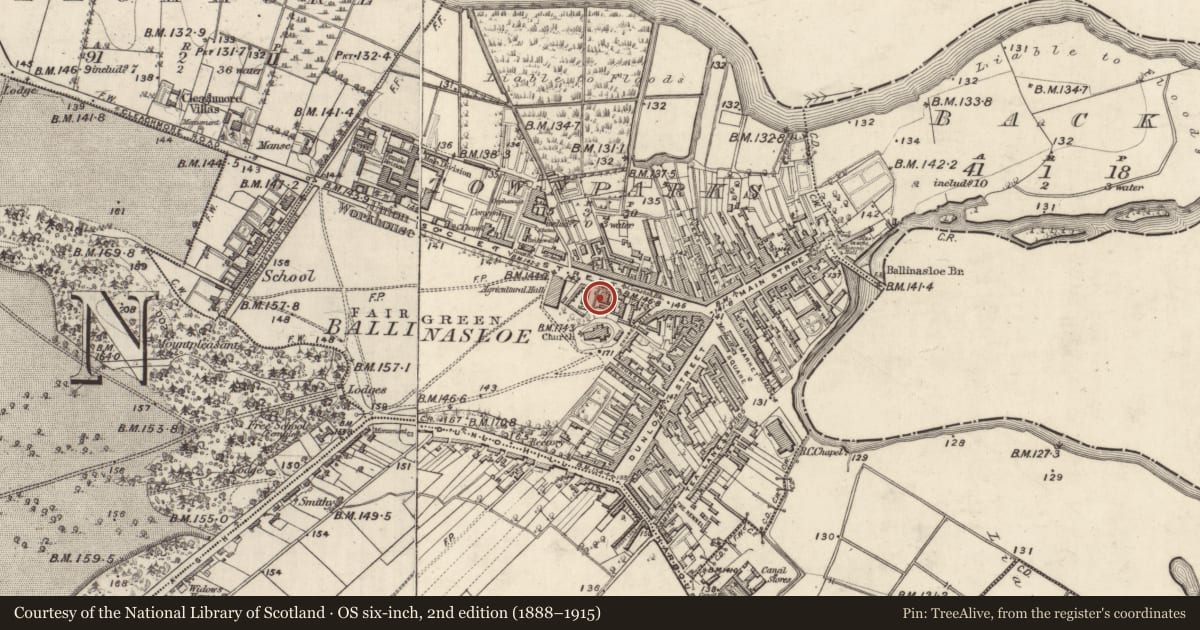 Ordnance Survey six-inch map, 2nd edition (1888–1915) covering the location of Church, Townparks (Clonmacnowen By. - Ballinasloe), County Galway, with a pin at the register's coordinates