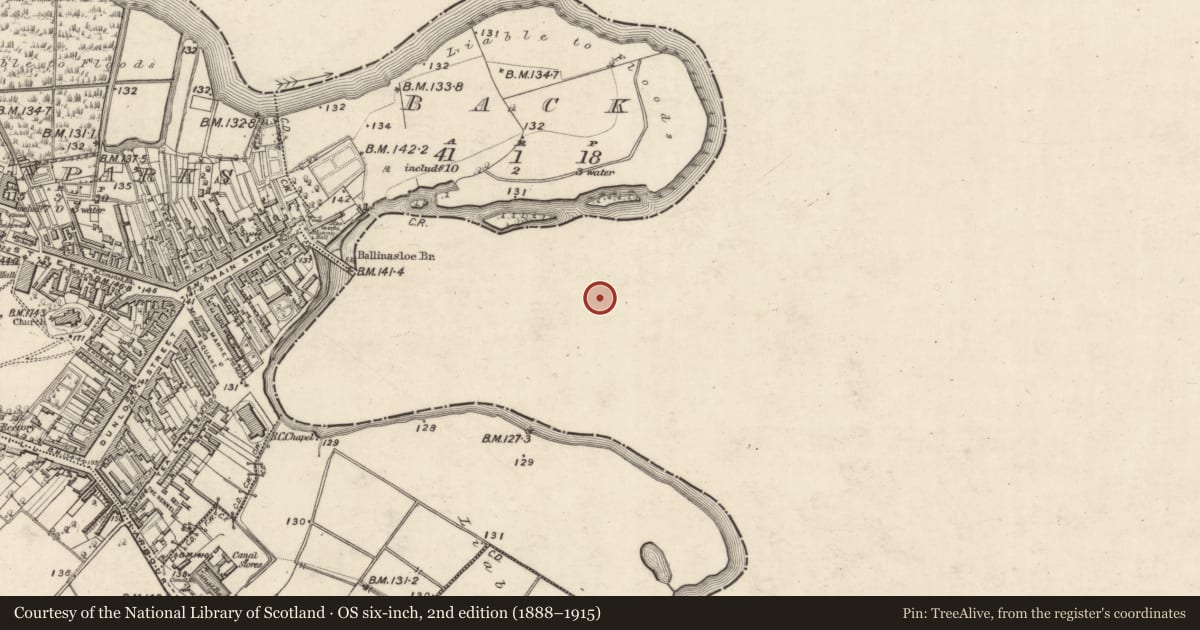 Ordnance Survey six-inch map, 2nd edition (1888–1915) covering the location of Inscribed stone, Townparks (Moycarn By. - Ballinasloe), County Galway, with a pin at the register's coordinates