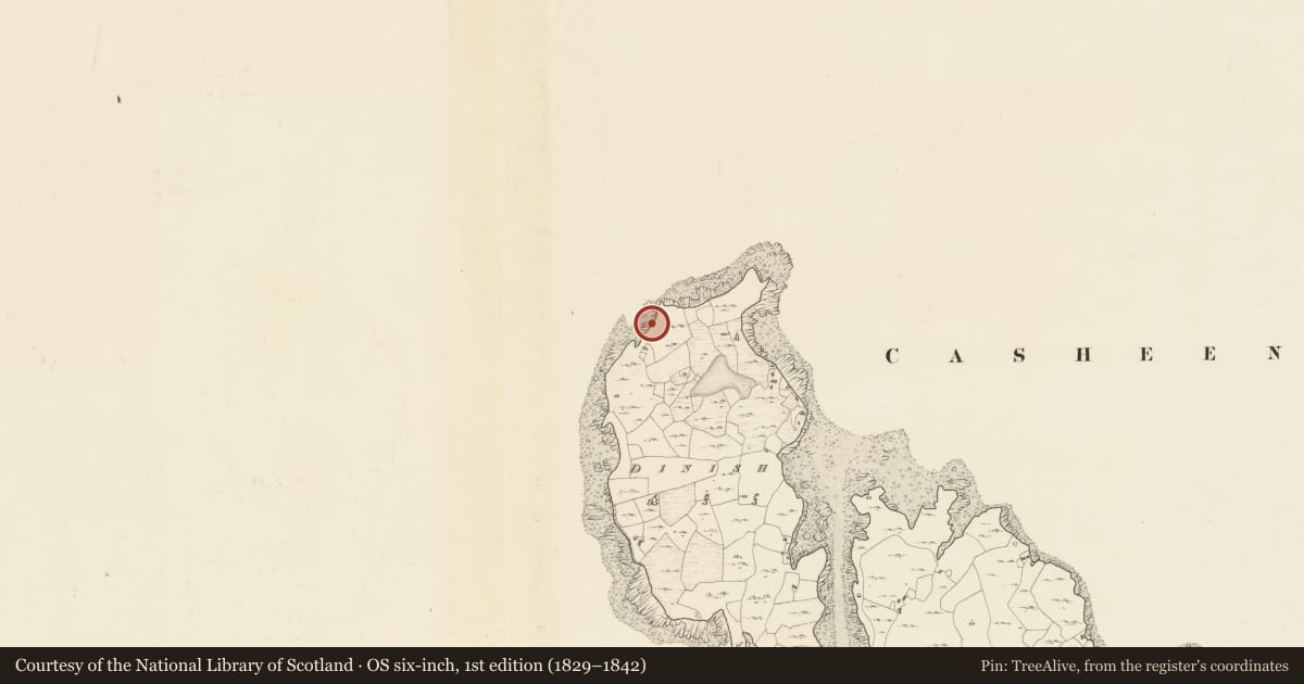 Ordnance Survey six-inch map, 1st edition (1829–1842) covering the location of Ritual site - holy well, Daighinis, County Galway, with a pin at the register's coordinates