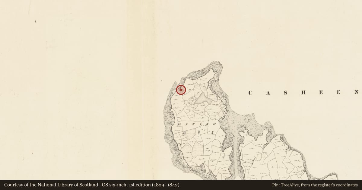Ordnance Survey six-inch map, 1st edition (1829–1842) covering the location of Kiln - corn-drying, Daighinis, County Galway, with a pin at the register's coordinates