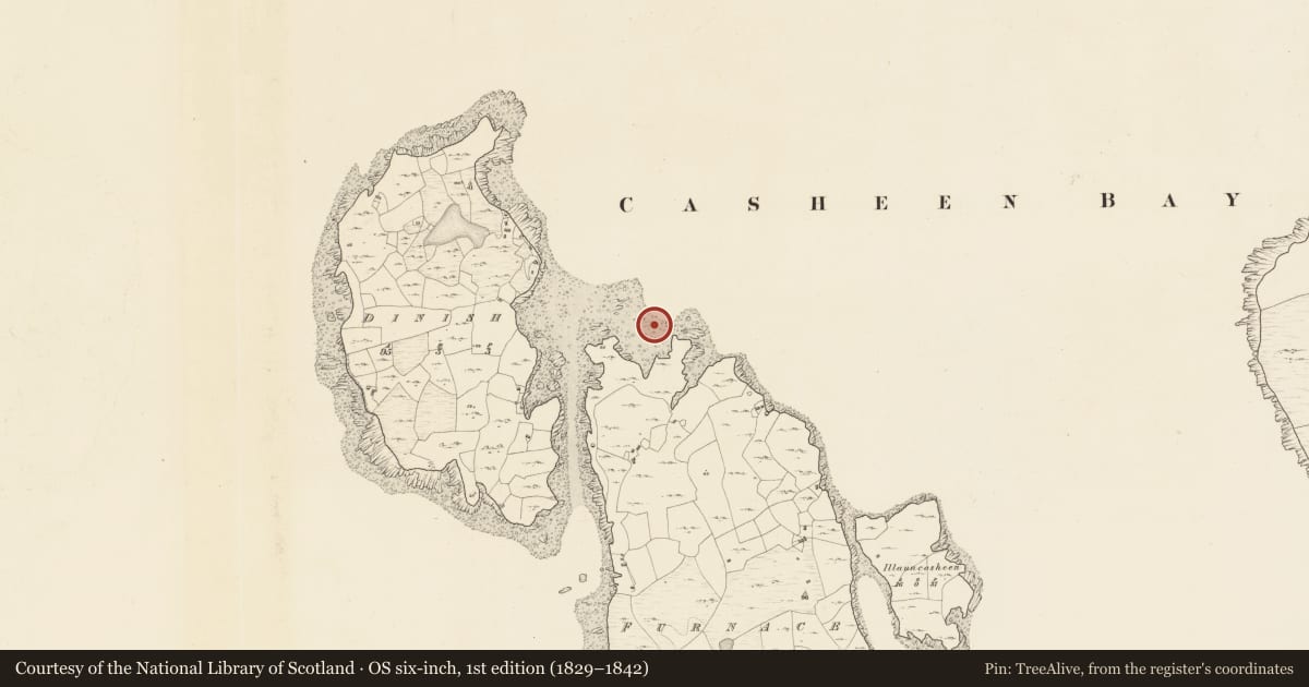 Ordnance Survey six-inch map, 1st edition (1829–1842) covering the location of Ritual site - holy well, Fornais, County Galway, with a pin at the register's coordinates