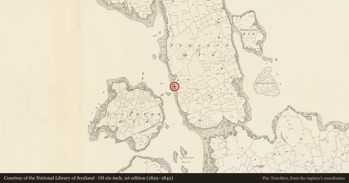 Ordnance Survey six-inch map, 1st edition (1829–1842) covering the location of Ritual site - holy well, Fornais, County Galway, with a pin at the register's coordinates