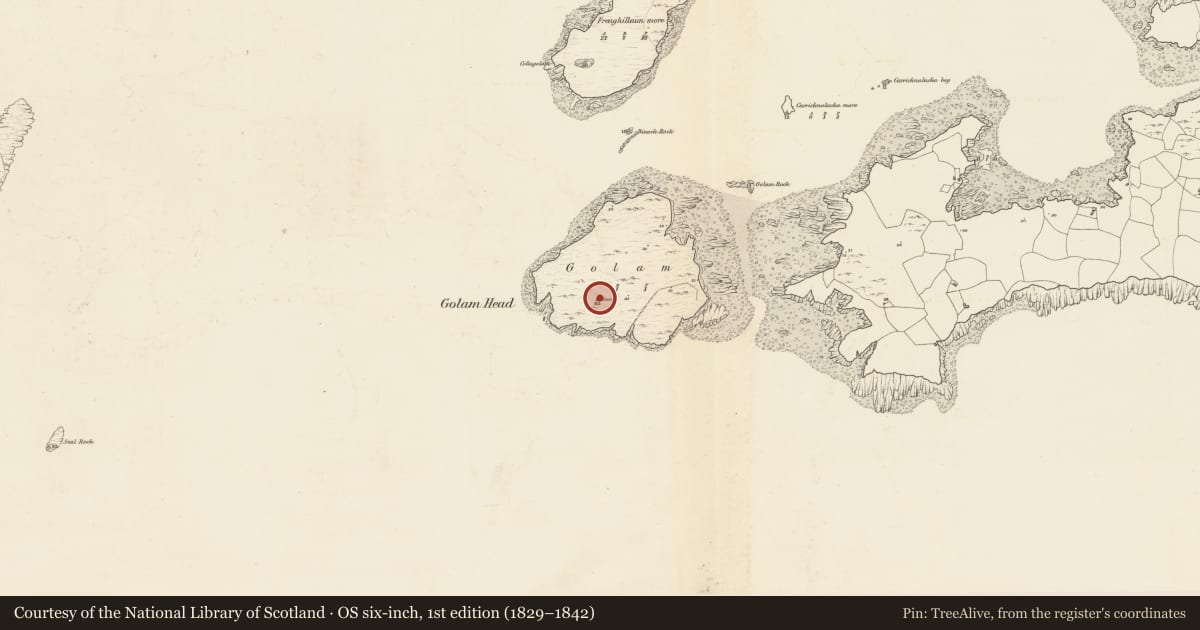 Ordnance Survey six-inch map, 1st edition (1829–1842) covering the location of Signal tower, Gólam, County Galway, with a pin at the register's coordinates