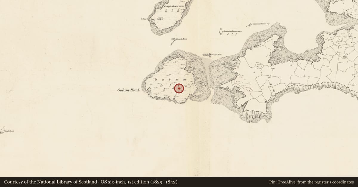 Ordnance Survey six-inch map, 1st edition (1829–1842) covering the location of Ritual site - holy well, Gólam, County Galway, with a pin at the register's coordinates