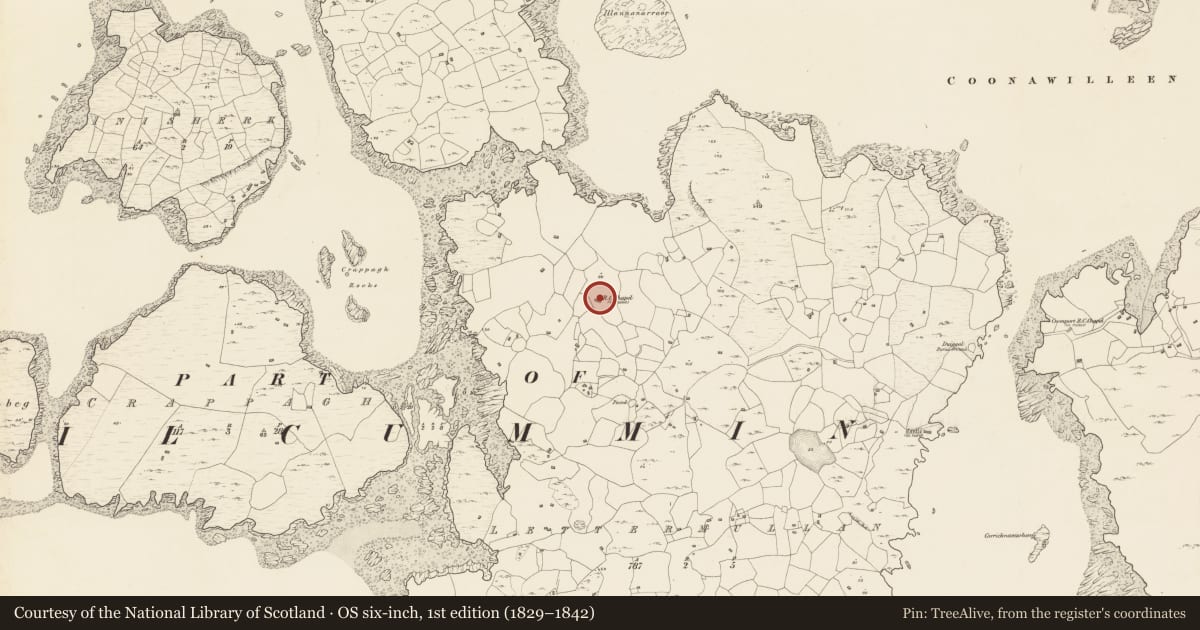 Ordnance Survey six-inch map, 1st edition (1829–1842) covering the location of Chapel, Leitir Mealláin, County Galway, with a pin at the register's coordinates