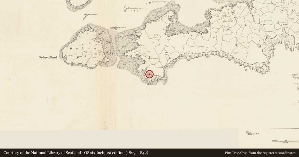 Ordnance Survey six-inch map, 1st edition (1829–1842) covering the location of Ritual site - holy well, Leitir Mealláin, County Galway, with a pin at the register's coordinates