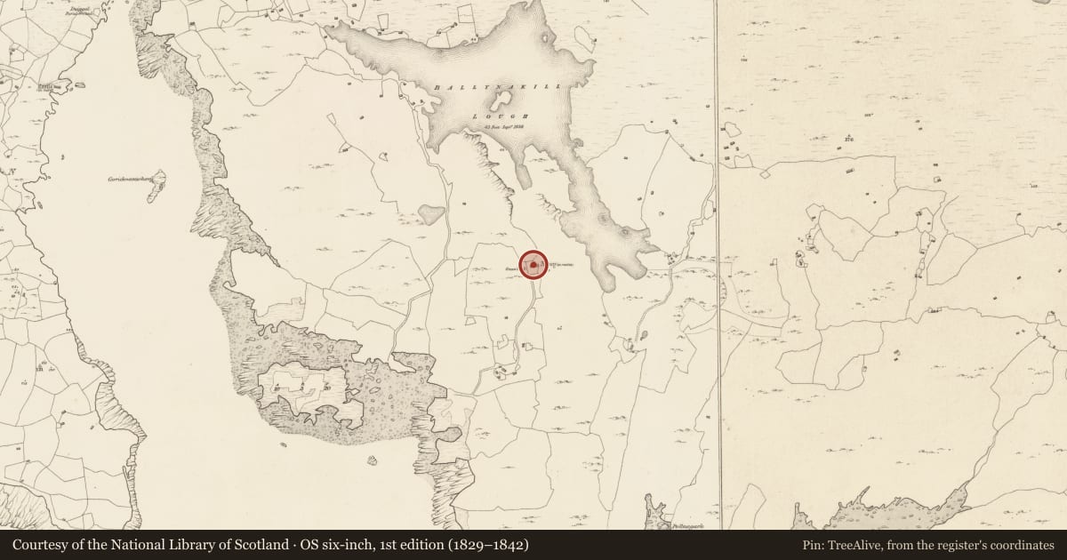 Ordnance Survey six-inch map, 1st edition (1829–1842) covering the location of Graveyard, An Máimín, County Galway, with a pin at the register's coordinates