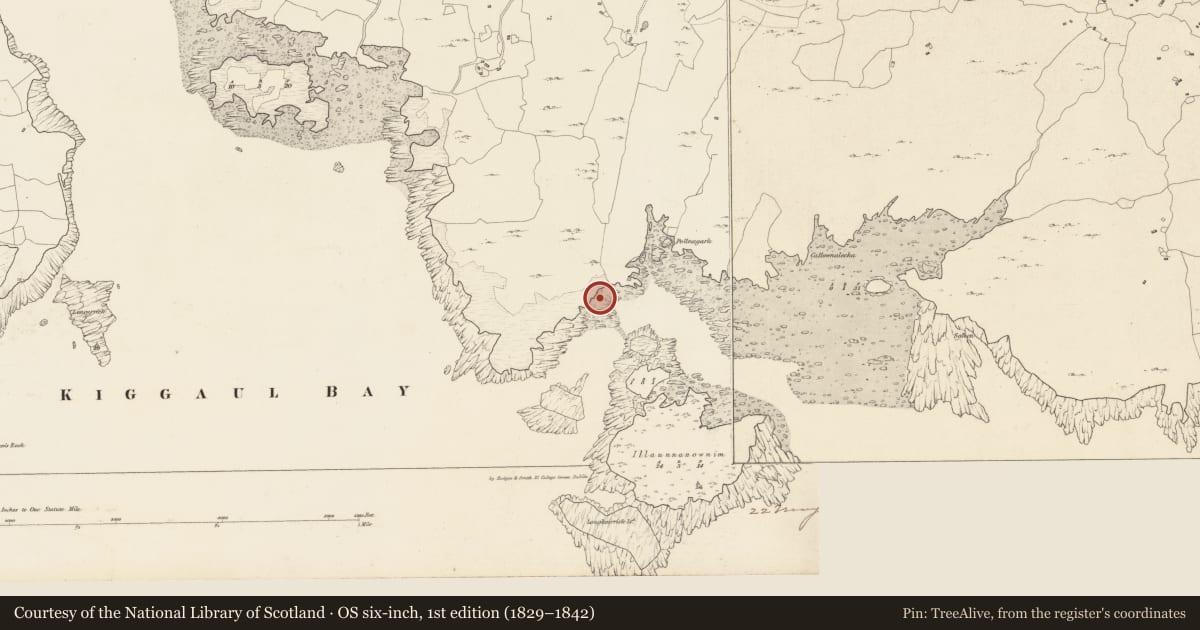 Ordnance Survey six-inch map, 1st edition (1829–1842) covering the location of Ritual site - holy well, An Máimín, County Galway, with a pin at the register's coordinates